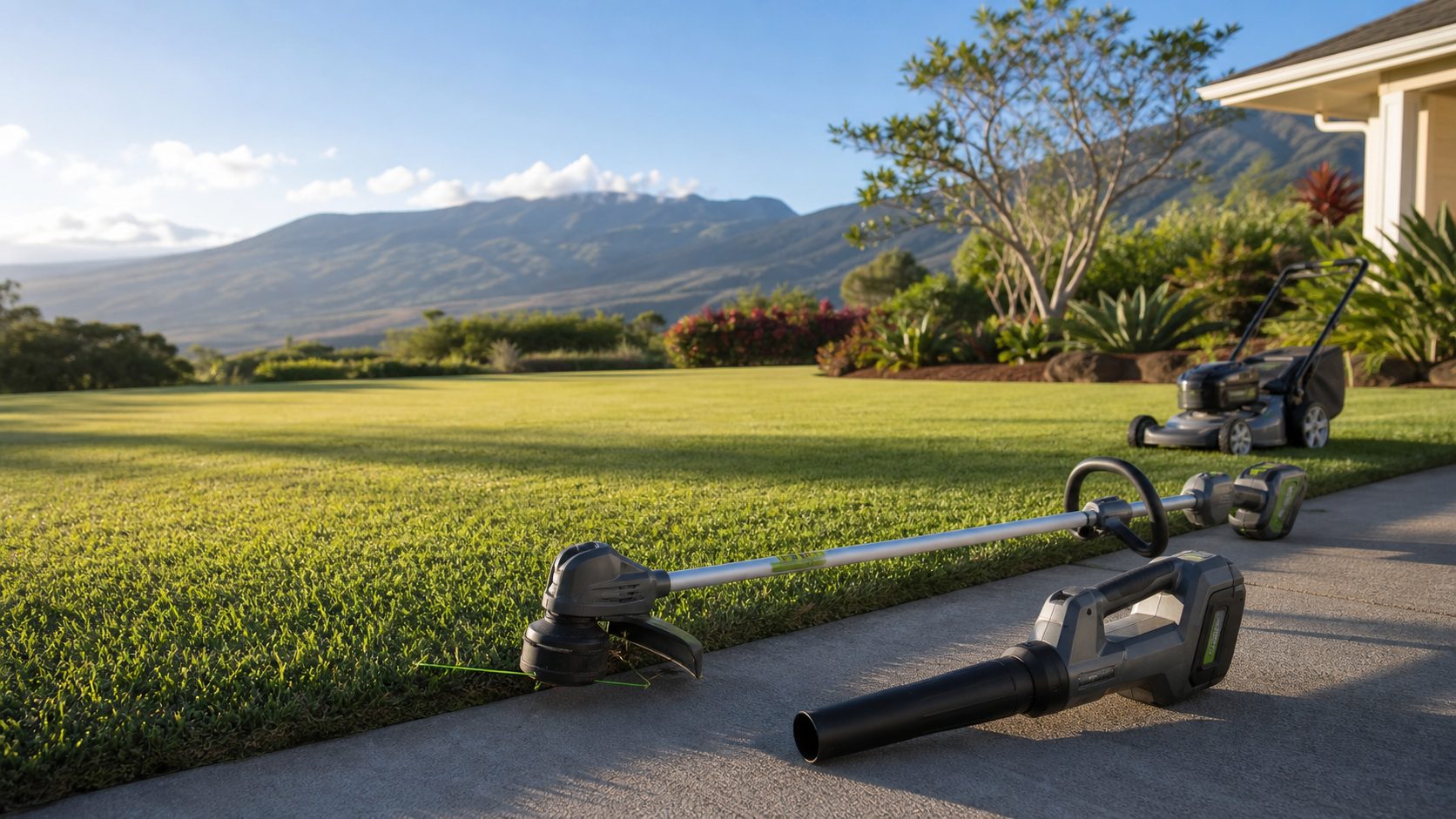 Battery string trimmer and blower beside a freshly cut lawn with mountains in the distance